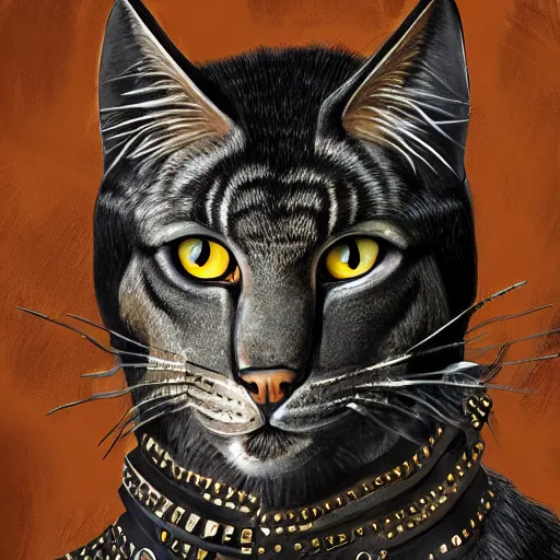 Image similar to d & d style portrait, tabaxi male in studded leather.