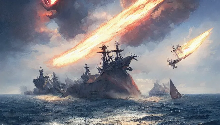 Prompt: dragon breathing fire in the sky above a single navy sailing ship by greg rutkowski