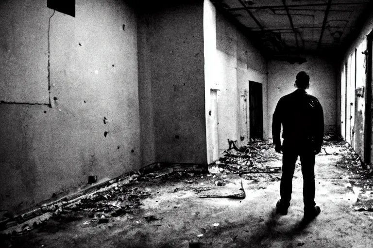 Image similar to a man in black in leather, watching a black hole forming in the grimy grungy basement of an abandoned apartment block, wires, cables, grainy black and white photography