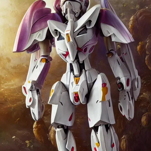 Image similar to futuristic anguloa uniflora mecha swaddled baby body, sepals forming helmet, floral details, anguloa, 8 k hd resolution, barbatos gundam with floral inlay, bandai box art, star wars, makoto kobayashi, frank gehry, raymond swanland