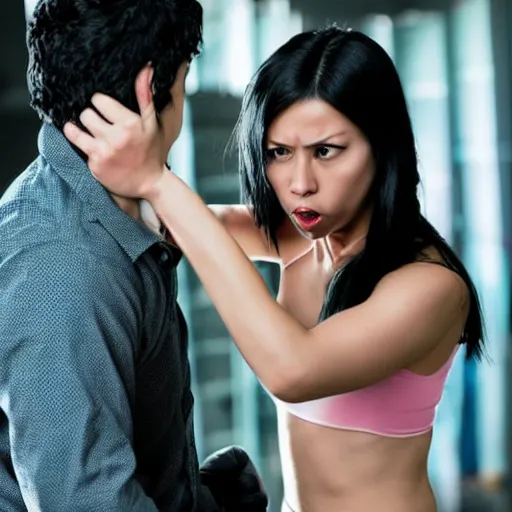 Prompt: black haired woman punching a bad guy in a movie, realistic, highly detailed