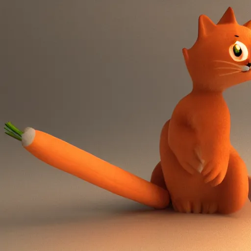 Image similar to big tabby cat with white paws biting a carrot 3d render