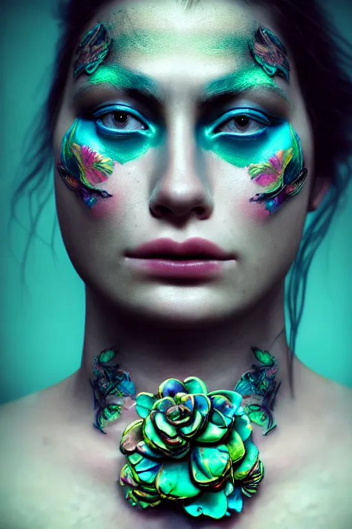 Image similar to neo-surrealist hyper detailed close-up portrait of woman with iridescent rococo flower tattoos on half of her face matte painting concept art key sage very dramatic dark teal lighting side angle hd 35mm shallow depth of field 8k