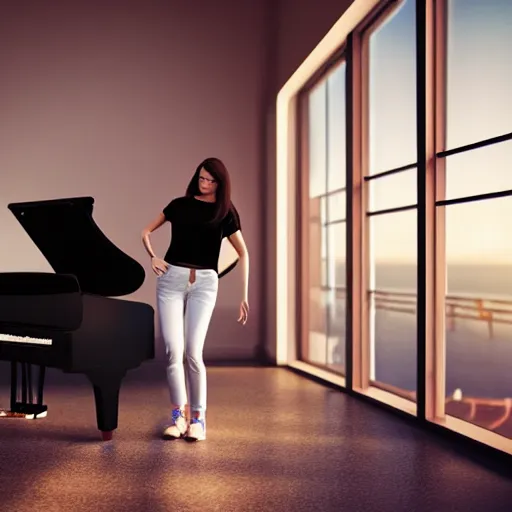 Prompt: Beautiful young woman with long straight brown hair in white tee shirt jeans and sneakers, she is playing a black grand piano in a darkened room, golden hour, ocean outside of the window, hd render, photorealism, dramatic