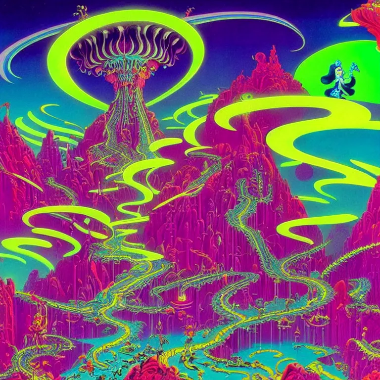 Image similar to infinite crystal ascent, bright neon colors, highly detailed, cinematic, eyvind earle, tim white, philippe druillet, roger dean, lisa frank, aubrey beardsley