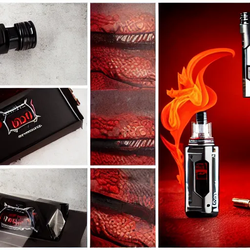 Image similar to Dragon themed vape kit, product shoot, studio lighting, cinematic, beautiful composition