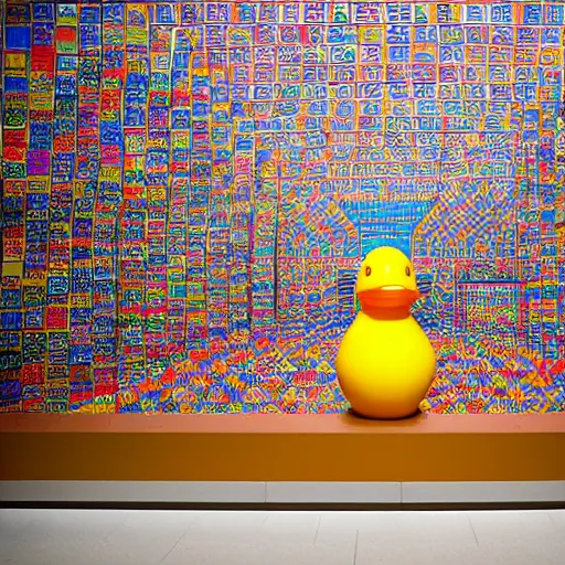 Image similar to wide shot, one photorealistic rubber duck in foreground on a pedestal in an cavernous museum gallery, metropolitan museum of art, the walls are covered with colorful geometric wall paintings in the style of sol lewitt, tall arched stone doorways, through the doorways are more wall paintings in the style of sol lewitt.