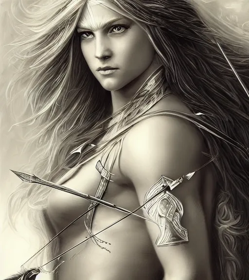 Image similar to portrait of beautiful aphrodite goddess as an archer warrior, arrow, beautiful piercing eyes, flowing blonde hair, realistic face, black and white drawing, in the style of greg rutkowski, fantasy, amazing detail, epic, intricate, elegant, smooth, sharp focus