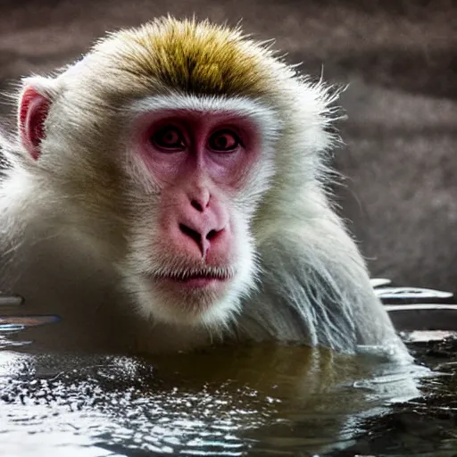 Prompt: Japanese white macaque in a hot pool, award winning photography, cinematic, steam rising off the water