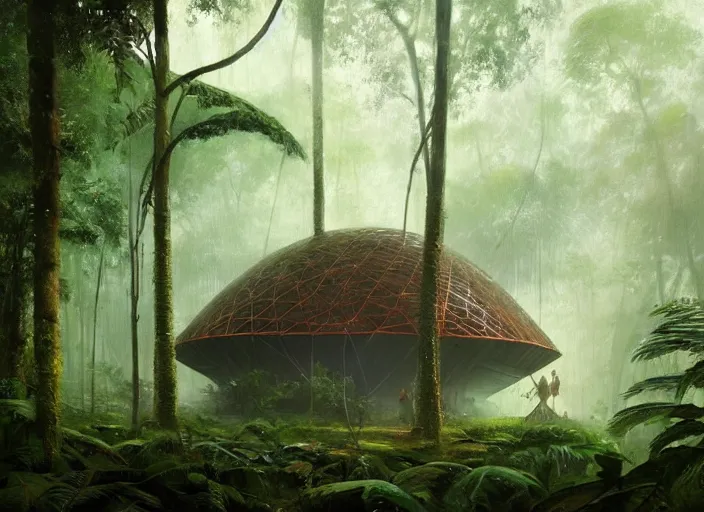 Image similar to a beautiful painting of a geodesic house in a moist tropical rainforest, by greg rutkowski, realism, artstation, nature