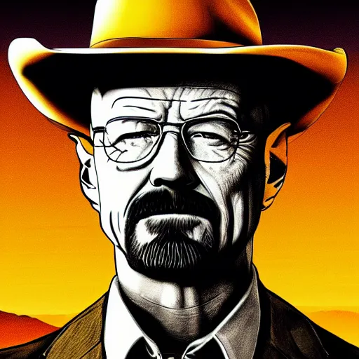 Image similar to walter white as a cowboy in a western town, golden hour, cinematic, digital art