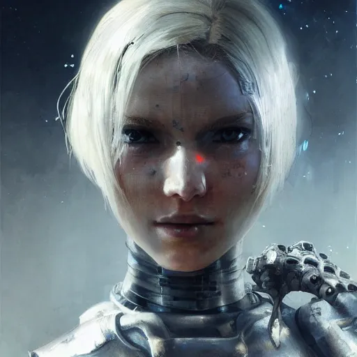 Prompt: extreme close up, facial portrait, woman in white sci - fi armor, mechanical armor, cybernetic hands, striking pose, portrait dnd, nier 2 b, painting by gaston bussiere, craig mullins, greg rutkowski, yoji shinkawa, artgerm