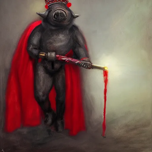 Image similar to a humanoid pig, wearing a crown, red cape and wielding a black axe, vivid colors, soft lighting, atmospheric, cinematic, moody, oil on canvas, 8 k