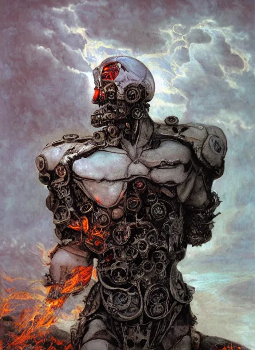 Image similar to portrait of a diabolical marble stone cyborg, wearing burning torn white cape, dynamic pose, glowing eyes, post apocalyptic ancient ruins, glowing veins subsurface scattering, in clouds, sunset, portrait, by gerald brom, by mikhail vrubel, by peter elson, muted colors, extreme detail, reflections, trending on artstation, 8 k