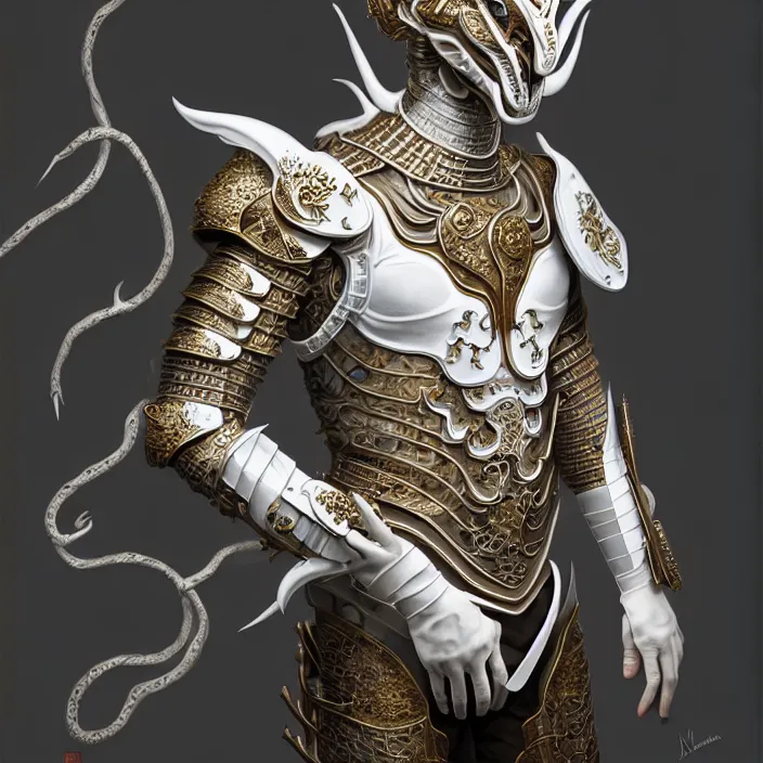 Image similar to man wearing porcelain cyborg armor, Chinese Kangxi dragon pattern porcelain, diffuse lighting, fantasy, intricate, elegant, highly detailed, lifelike, photorealistic, digital painting, artstation, illustration, concept art, smooth, sharp focus, art by John Collier and Albert Aublet and Krenz Cushart and Artem Demura and Alphonse Mucha