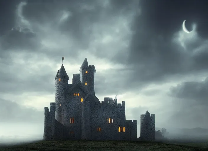 Prompt: Castle, landscape, stormy night, backlit, ominous landscape, magical spell, haze, photoreal, Vray, render, high detail, hyper-realism