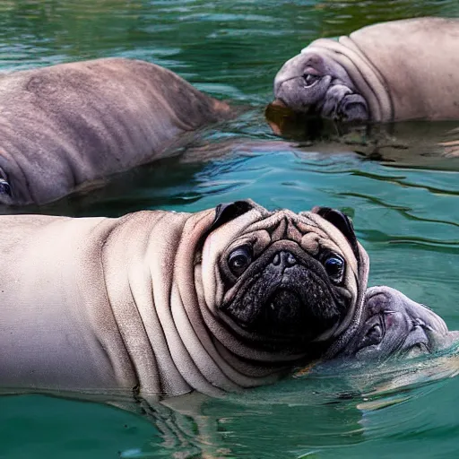 Prompt: a Manatee-Pug Hybrid, A Manatee that looks like a pug, huge tusks, afternoon hangout, good times photograph, candid