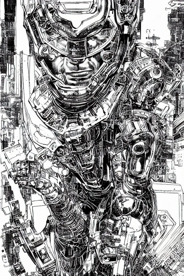 Prompt: comic book illustration, portrait of Machine Man, concept art by Barry Windsor-Smith, highly detailed, intricate, sci-fi, sharp focus, Trending on Artstation HQ, deviantart