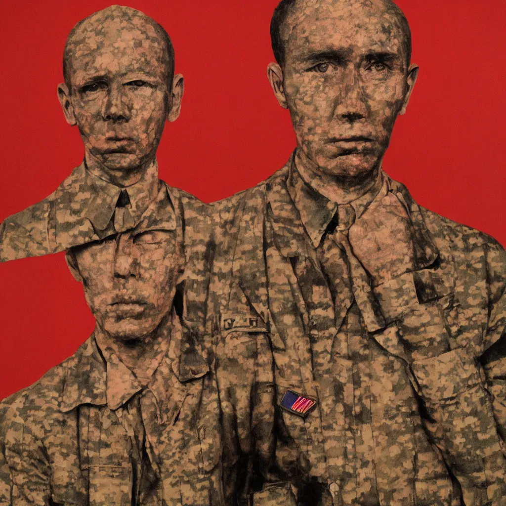 Image similar to us soldier by gilbert & george, face, portrait, close up