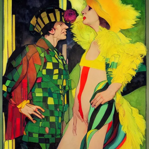 Image similar to art by joshua middleton, the creeper, a tall manically smiling yellow - skinned man with green and black striped cycling shorts and wearing a long red feather boa, mucha, kandinsky, poster, comic art, stylised design