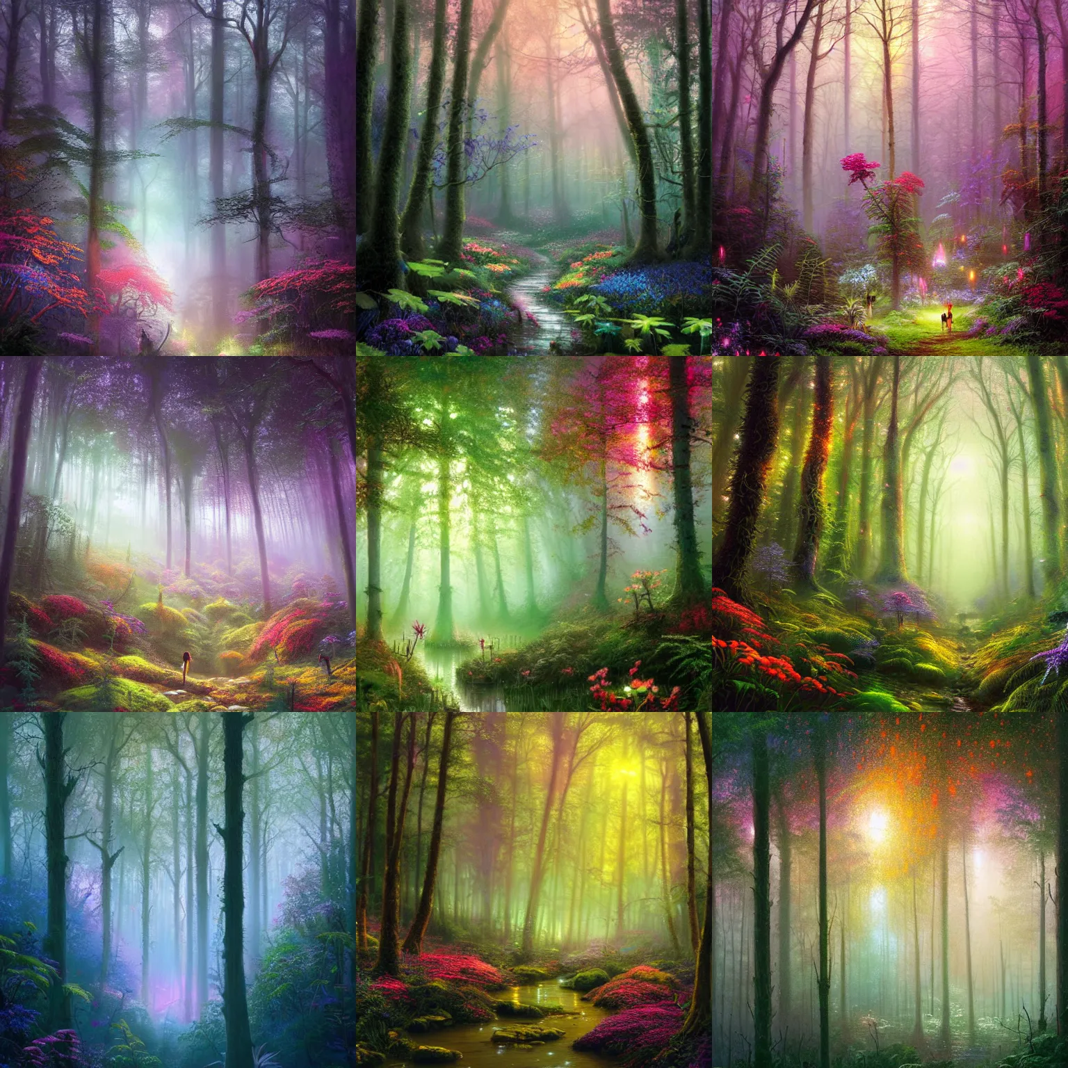 Prompt: photograph of a dense mystic forest, colored flowers, mystic hues, breathtaking lights shining, psychedelic fern, tyndall effect, lantern fly, dense forest, foggy, 4k, Acid Pixie, by thomas kinkade and lee madgwick