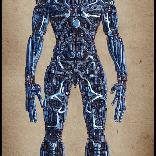 Image similar to cyborg as a vtruvian man blueprint by leonardo davinci