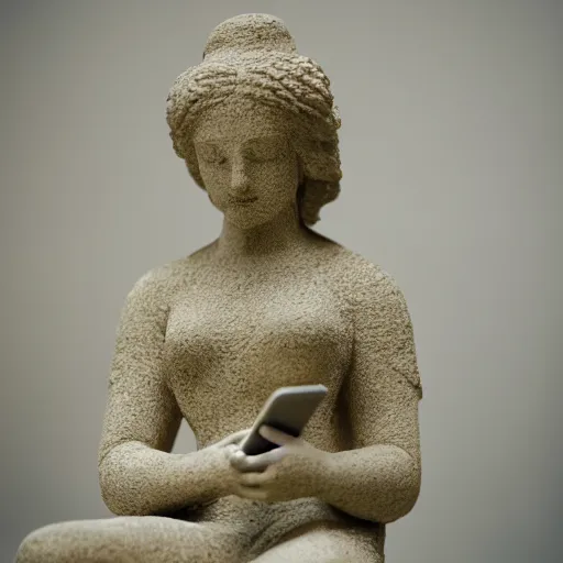 Image similar to a stone statue of a lady on her phone sitting on a bed, 5 0 mm lens, f 1. 4, sharp focus, ethereal, emotionally evoking, head in focus, volumetric lighting, 8 k