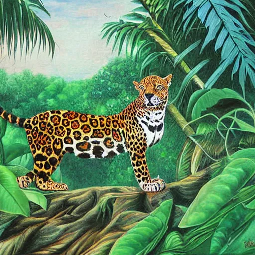 Image similar to a velvet painting of a colorful jaguar in a jungle scene by edgar leeteg