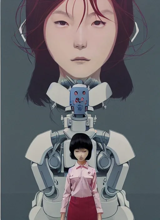 Image similar to Artwork by James Jean and Phil noto and hiyao Miyazaki ; a young Japanese future police lady named Yoshimi battles an evil natures carnivorous robot on the streets of Tokyo; Art work by hiyao Miyazaki, Phil noto and James Jean