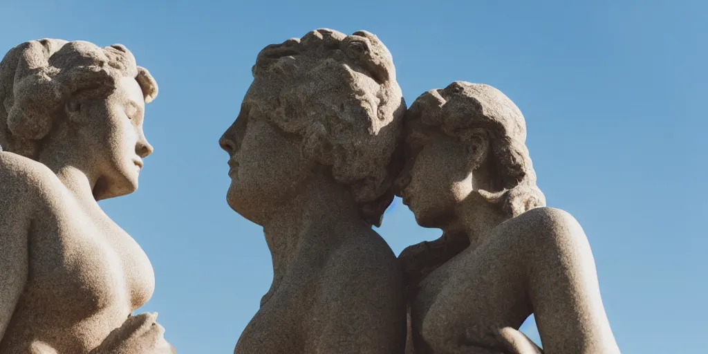 Prompt: a closeup shot of a stone made a statue of a couple with a blue sky