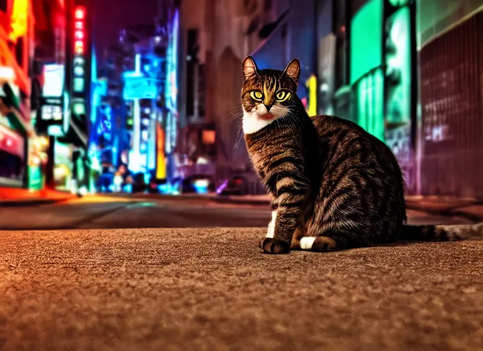 Image similar to photography of a Cat sitting on a box. in a cyberpunk street, award winning photo, led lighting, night, 24mm, sharp, high res