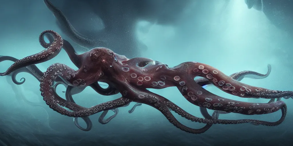 Prompt: beautiful octopus in ocean, superwide angle, light through the mist, dramatic lighting, photorealistic, cinematic lighting, high detail, cinematic feel, high octane, 4 k, unreal engine, digital render, intricate, ultra realistic, concept art