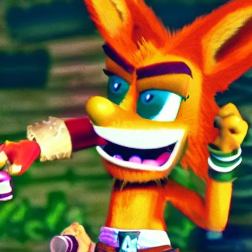 Image similar to photograph of crash bandicoot from the video game crash bandicoot smoking bongs and selling acid at powder ridge rock festival, 1 9 7 0