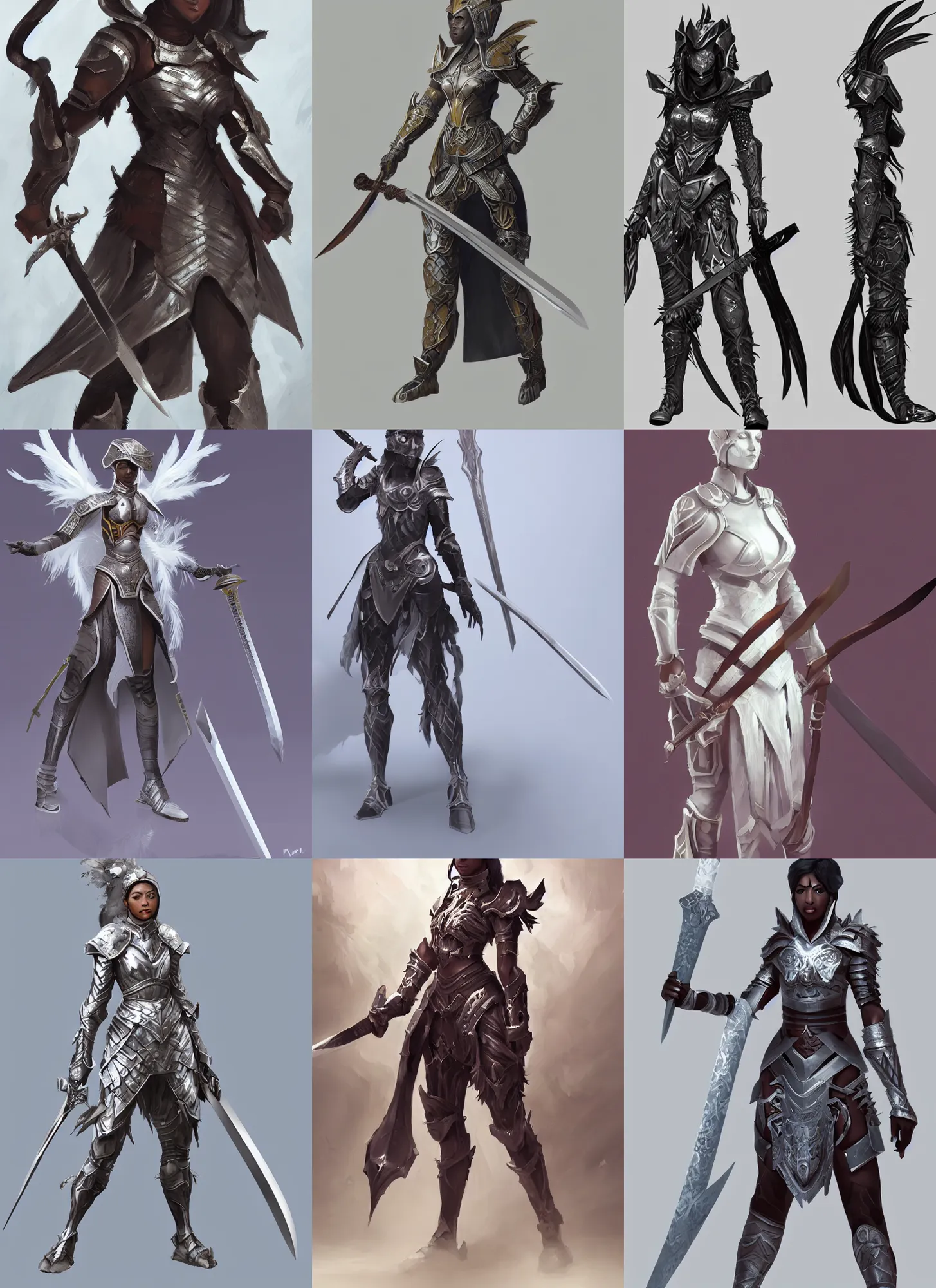 Prompt: a woman with a sword and armor standing in front of a white background, concept art by Mei Qing, featured on polycount, afrofuturism, concept art, polycount, made of feathers