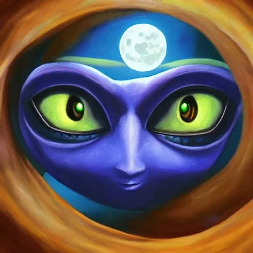 Prompt: zelda majora's mask moon in the sky, oil painting, beautiful, disney, pixar, artgerm