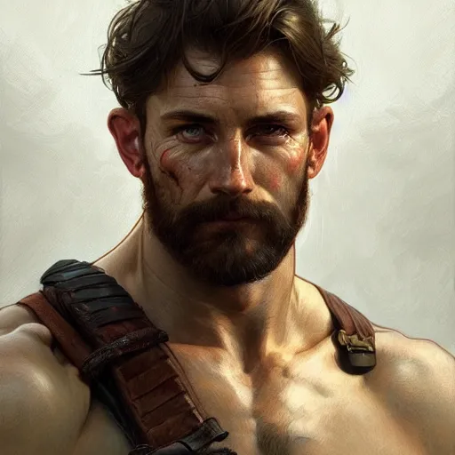 Image similar to portrait of a rugged ranger, muscular, upper body, blood, D&D, fantasy, intricate, elegant, highly detailed, digital painting, artstation, concept art, smooth, sharp focus, illustration, art by artgerm and greg rutkowski and alphonse mucha