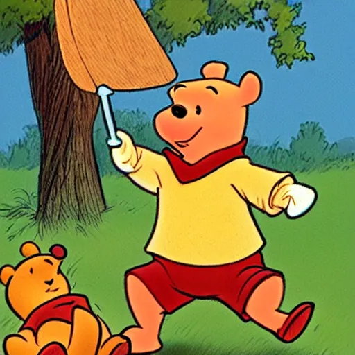 Prompt: winnie the pooh holding a bloody knife, in the style of winnie the pooh cartoon