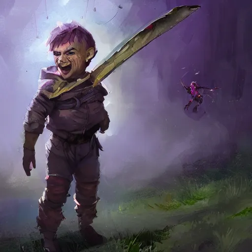 Image similar to male halfling youth adventurer with purple skin, by Ismail Inceoglu, wearing leather adventuring clothes, shabby, short, kid, bald, wielding knife, happy grin, character portrait closeup, digital art, dungeons and dragon, character