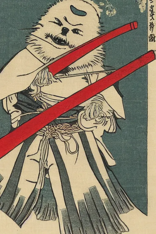 Image similar to Japanese woodblock print of Wicket the Ewok holding a samurai sword , cherry blossom, Hokusai