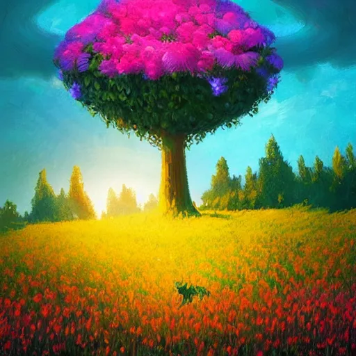 Image similar to flower field becoming a girl with dress and a giant flower as a face, hills, big trees, sunrise dramatic light, impressionist painting, colorful clouds, digital painting, pointillism, artstation, simon stalenhag