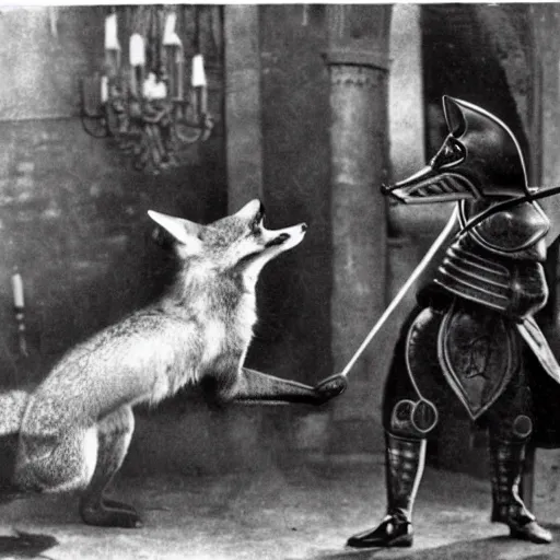 Image similar to anthropomorphic fox man fights in front of a castle against evil knight, 1910s film scene