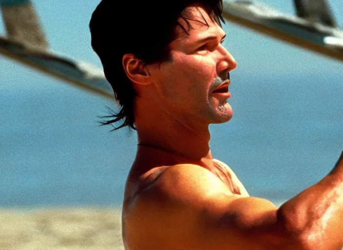 Image similar to film still of Keanu Reeves as Maverick playing beach volleyball in Top Gun 1986