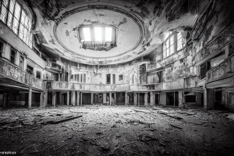 Image similar to photography of inside of an abandoned old opera fitlh and grim apex, creepy, dark atmosphere, ray of sun from the rooftop, wide angle, 1 6 mm lens fujifilm, grainy film