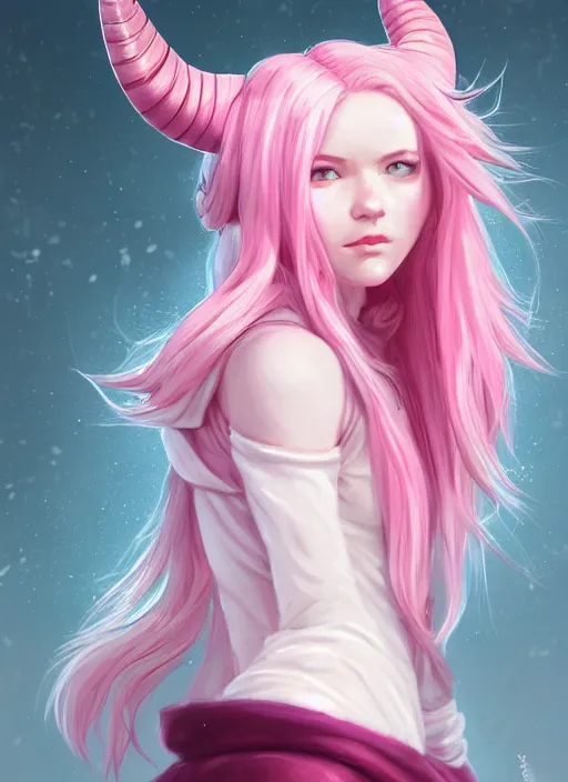 Image similar to a highly detailed illustration of cute smug pink haired pale girl with horns wearing oversized pink hoodie, dramatic smirk pose, intricate, elegant, highly detailed, centered, digital painting, artstation, concept art, smooth, sharp focus, league of legends concept art, wlop.