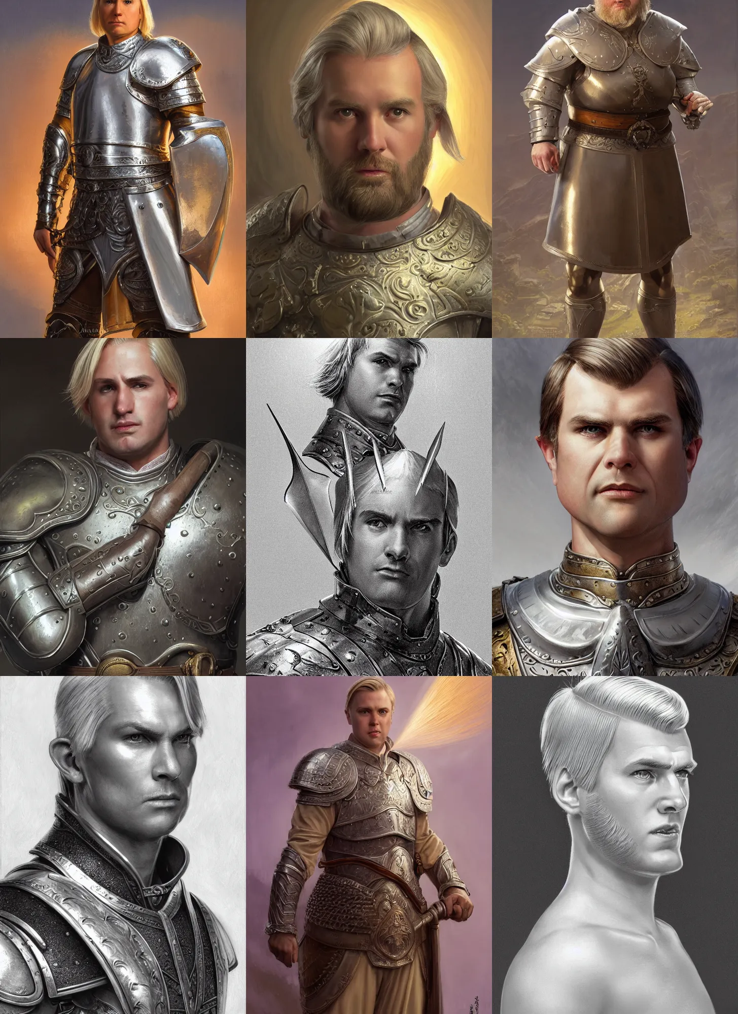 Prompt: a portrait of a fantasy beardless plump cleric with no beard, short blonde hair comb over hairstyle, young adult, short in stature, silver breastplate with religious engravings, clean shaven, serious expression, style by donato giancola, wayne reynolds, jeff easley dramatic light, high detail, cinematic lighting, artstation, dungeons and dragons