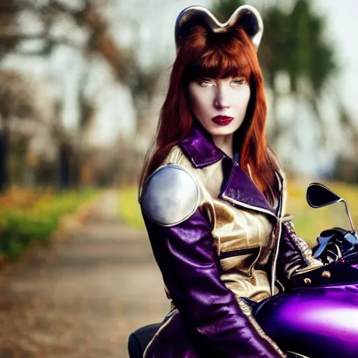 Image similar to a high - fashion photo of a slender beautiful woman with straight ginger hair and bangs, wearing purple leathers and gold helmet, posing with large ginger tabby and raccoon on a motorcycle in front yard, holding coffee mug and toasted brioche bun, fashion photography, dramatic lighting, 8 5 mm lens