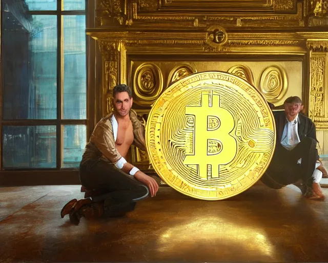 Image similar to attractive oiled up glossy man posing in front of a huge golden bitcoin, angelic light, commercial by annie liebovitz, gaston bussiere, craig mullins, j. c. leyendecker