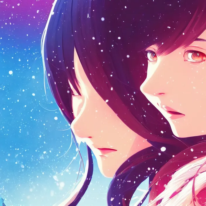 Image similar to portrait of a beautiful girl, snow landscape background, rich vivid colors, ambient lighting, dynamic lighting, 4 k, hq, official media, anime key visual, makoto shinkai, ilya kuvshinov, lois van baarle, rossdraws, detailed, trending on artstation