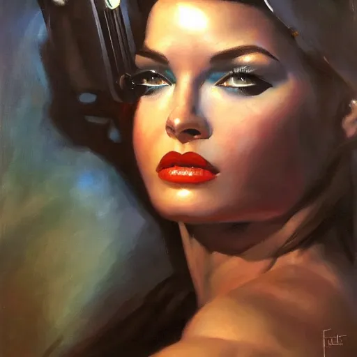 Image similar to detailed portrait of widowmaker intricate, hyper detailed, realistic, oil painting, by julie bell, frank frazetta, cinematic lighting