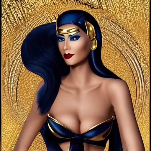 Image similar to egyptian, anthropomorphic cat woman, stylish, with gold elements, model elegant